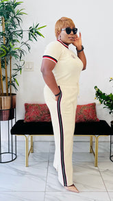 FRANCISCA SIDE STRIPE STONED LUXE KNIT PANT SET